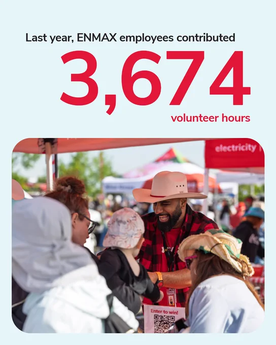 A Calgary Stampede event with a person in a cowboy hat engaging with attendees at an ENMAX booth. The text above reads, "Last year, ENMAX employees contributed 3,674 volunteer hours.