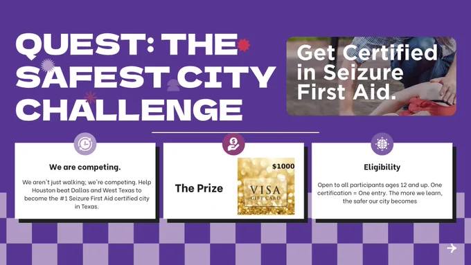 Image for the safest city challenge to get certified in seizure first aid - prize is $1000 gift card. 