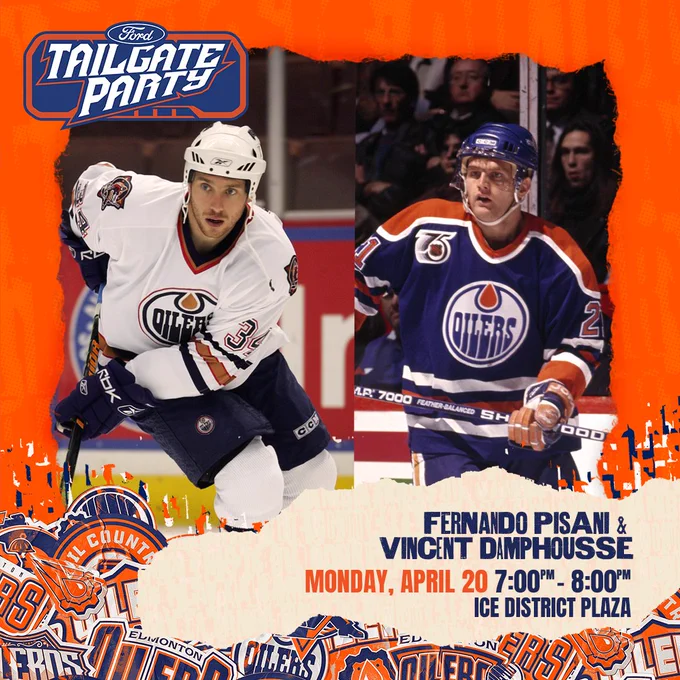 Graphic that says Ford Tailgate Party with action photos of Fernando Pisani & Vincent Damphousse from their playing days with the Oilers