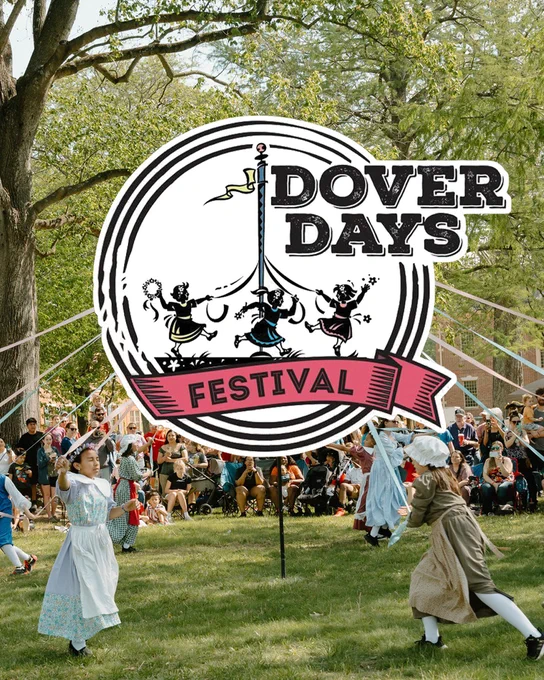 Children in colonial outfits dancing around a maypole with the Dover Day Festival logo over it.