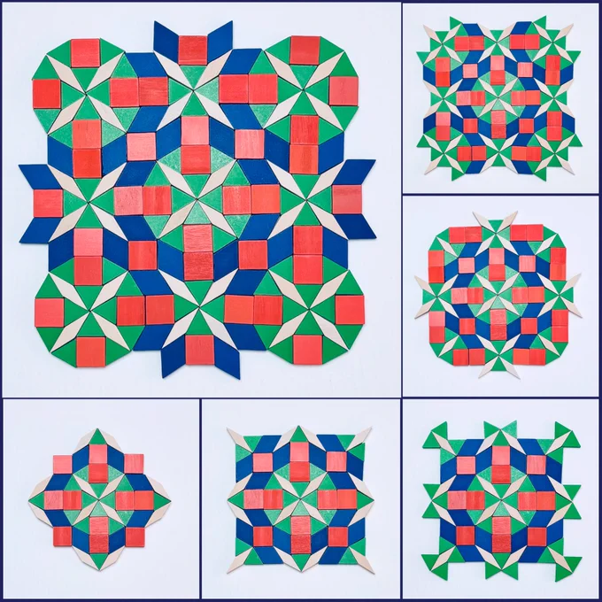 The top left main image shows a square-like geometric design created with pattern blocks. At the center of the design (and the four corners) are four dodecagons, each made from twelve green triangles, four orange squares, and four tan rhombuses. Around its center four green triangles and four tan rhombuses are surrounded by four orange squares and eight blue rhombuses. The images along the bottom and on the right show the progression of the design.