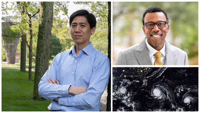 A collage with a man in a blue shirt outdoors on the left, a man in a gray suit smiling on the top right, and a satellite image of storms on the bottom right.