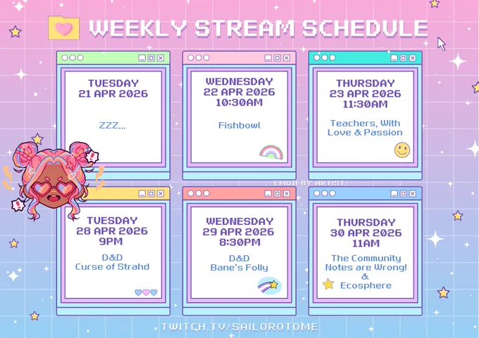 sailor otome's streaming schedule feat indie games: fishbowl, teachers with love and passion, the community notes are wrong and ecosphere. two days are reserved for dungeons and dragons. 