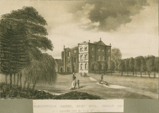 An illustration of a Georgian manor house in the mid- background. An ominous black cloud directly above the house. A tree lined avenue on the far right of the illustration. A central pathway leading down from the property with figures along the route including a male figure in the middle of the pathway pushing a wheelbarrow. Two female figures  -adult and child- to the left of this figure looking on at the workman. A large tree to their left. 
Legend at the bottom of the illustration indicates this is Baskerville House, Easy Hill, Broad Street. 
