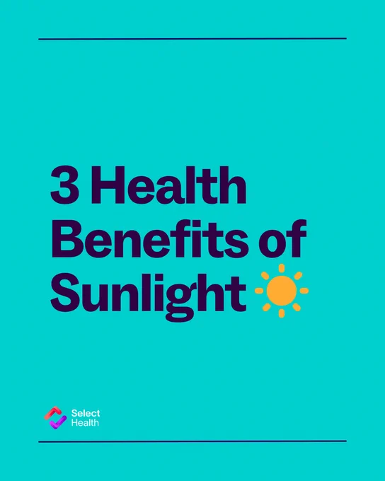 Turquoise background with bold text reading "3 Health Benefits of Sunlight" with a sun icon. "Select Health" logo in the corner.