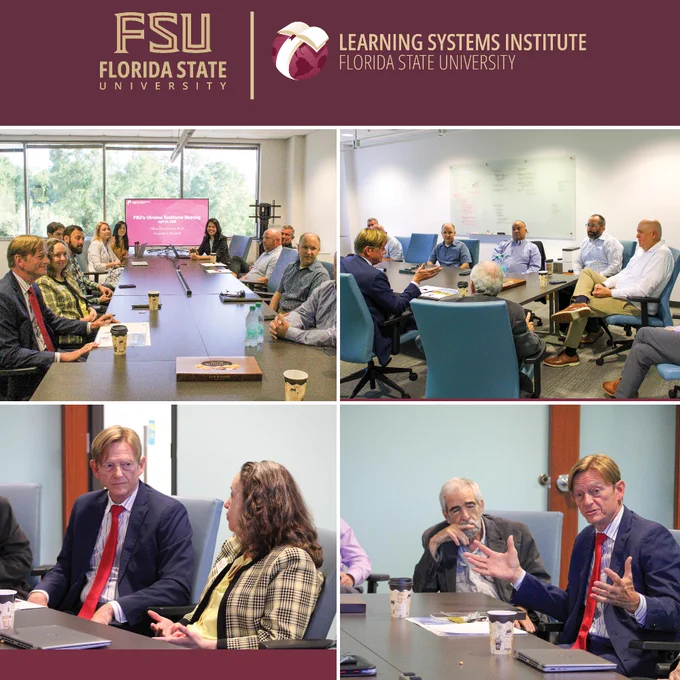 A collage of four images showing a meeting at Florida State University's Learning Systems Institute. Participants are engaged in discussion around a conference table. Presentation slides are displayed on a screen, and a whiteboard is visible in one of the images. The setting is a professional meeting room.
