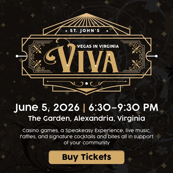 A black and gold, speakeasy-inspired event graphic for “St. John’s Vegas in Virginia” with ornate gold detailing. The image lists the event date and time as June 5, 2026 from 6:30 to 9:30 PM at The Garden in Alexandria, Virginia. It highlights casino games, a speakeasy experience, live music, raffles, and signature cocktails and bites, with a gold “Buy Tickets” button at the bottom.