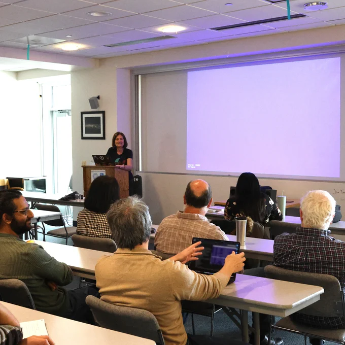 Victoria Coleman, Associate Provost of the Berkeley Air & Space Center, speaking at the UC Berkeley Space Sciences Laboratory.