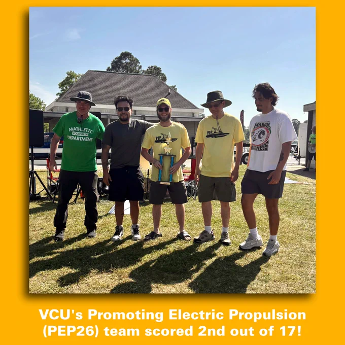 A post with a photo of Jonathan Chang, Iann Colop-Rodriguez, Danny Navarrete and Patrick Shortall. It included text which reads, “VCU's Promoting Electric Propulsion (PEP26) team scored 2nd out of 17!”
