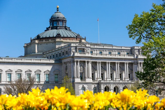 Image: The Jefferson Building of the Library of Congress pictured in the springtime, with yellow blossoms in the bottom of the frame. Photo by Shawn Miller/Library of Congress.
