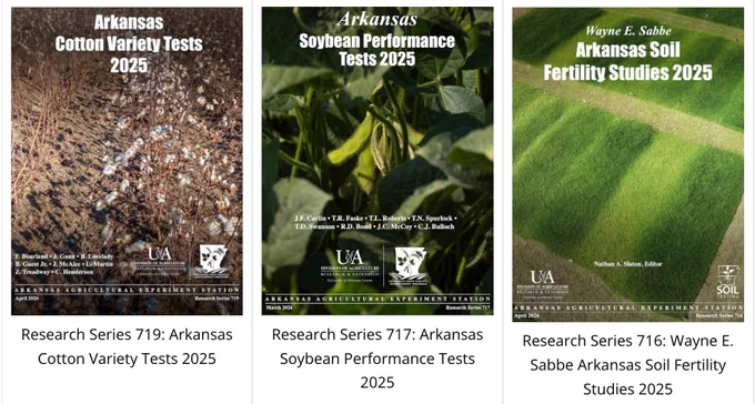 Cover of new research publications:
Research Series 717: Arkansas Soybean Performance Tests 2025
Research Series 716: Arkansas Soil Fertility Studies 2025
Research Series 719: Arkansas Cotton Variety Tests 2025