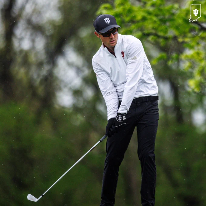 Alec Cesare prepares to hit a shot with an iron at the Hoosier Collegiate Invitational.