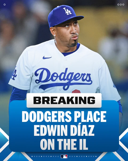 Dodgers place Edwin Díaz on the IL
Pictured: Edwin Díaz wears a white Los Angeles Dodgers uniform with blue lettering.