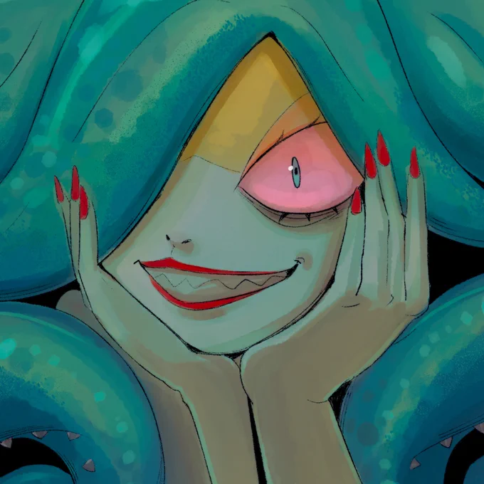 a digital drawing of scylla from hades 2. she is cupping her face, showing off her long, sharp, red nails. she is grinning, baring her sharp teeth.