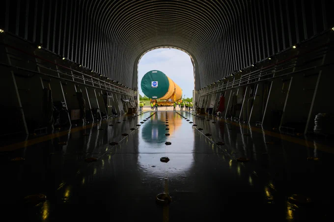 NASA moved the core stage, or the largest section, of the SLS (Space Launch System) rocket that will launch the crewed Artemis III mission in 2027 from the agency\u2019s Michoud Assembly Facility to the agency\u2019s Pegasus barge in New Orleans on April 20. The barge will ferry the top four-fifths \u2013 the section containing the liquid hydrogen tank, liquid oxygen tank, intertank, and forward skirt \u2013 of the SLS core stage to NASA\u2019s Kennedy Space Center in Florida to complete outfitting and vertical integration.\n\nCredit: NASA/Eric Bordelon