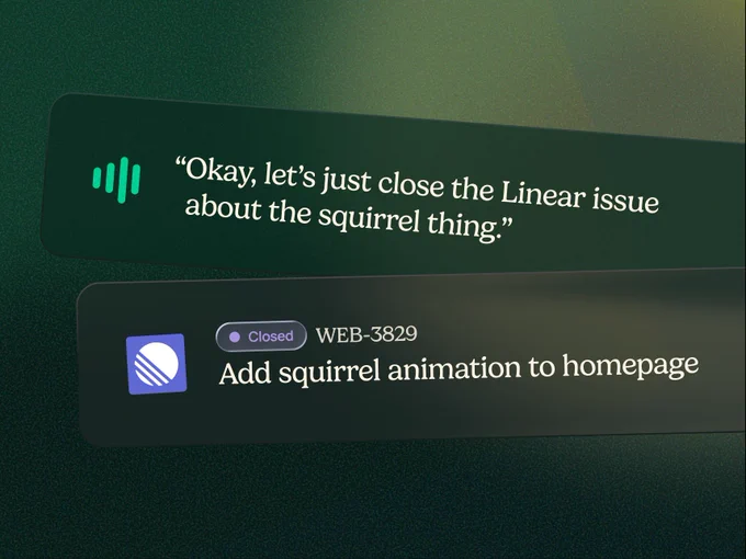 Image of somebody saying, "Okay let's just close the linear issue about the squirrel thing." and a confirmation that Cedarloop has closed the issue about "Add squirrel animation to homepage".