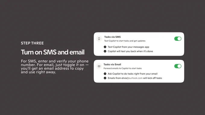A tutorial slide showing two zoomed-in settings cards for Tasks via SMS and Tasks via Email, both with green toggles switched on. The left side reads "STEP THREE – Turn on SMS and email" with instructions for enabling each channel.