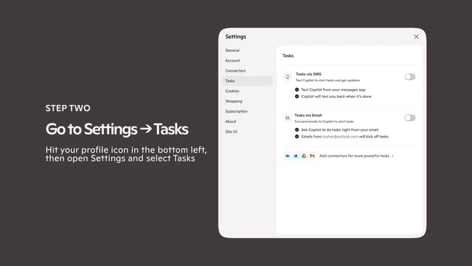 A tutorial slide showing the Copilot Settings panel open to the Tasks tab. The left side reads "STEP TWO – Go to Settings → Tasks" with instructions to hit the profile icon in the bottom left. The settings panel displays toggle options for Tasks via SMS and Tasks via Email, both shown in the off state.