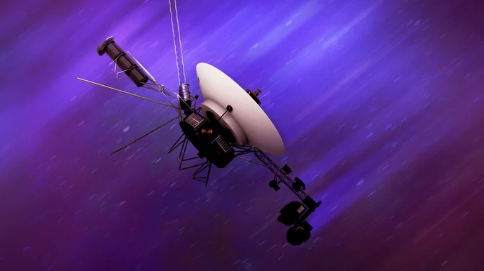 Illustration of a Voyager probe in deep space. The spacecraft features a large antenna dish and several other antennas and instrument platforms extending from its central body almost like the legs and antennas of an insect.