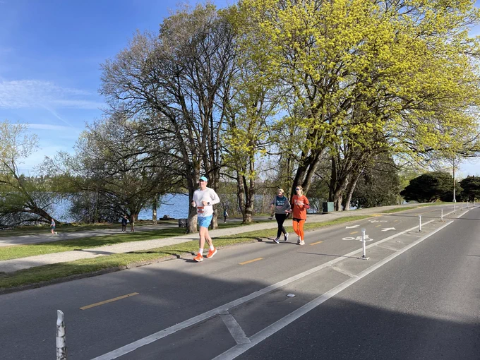Sunny lakeside road with trees and a marked bike lane. Three joggers in the foreground; more people on the path near the water. Blue sky.
