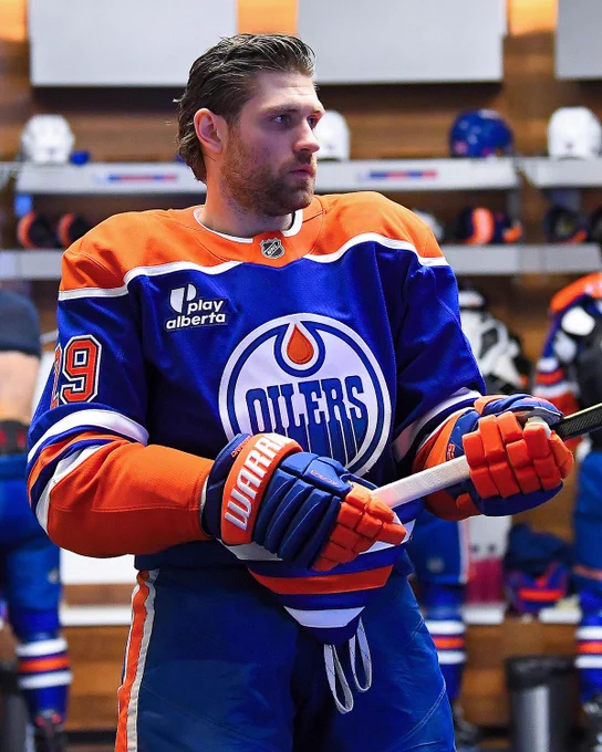 Leon Draisaitl is pictured in the Oilers locker room before a home game