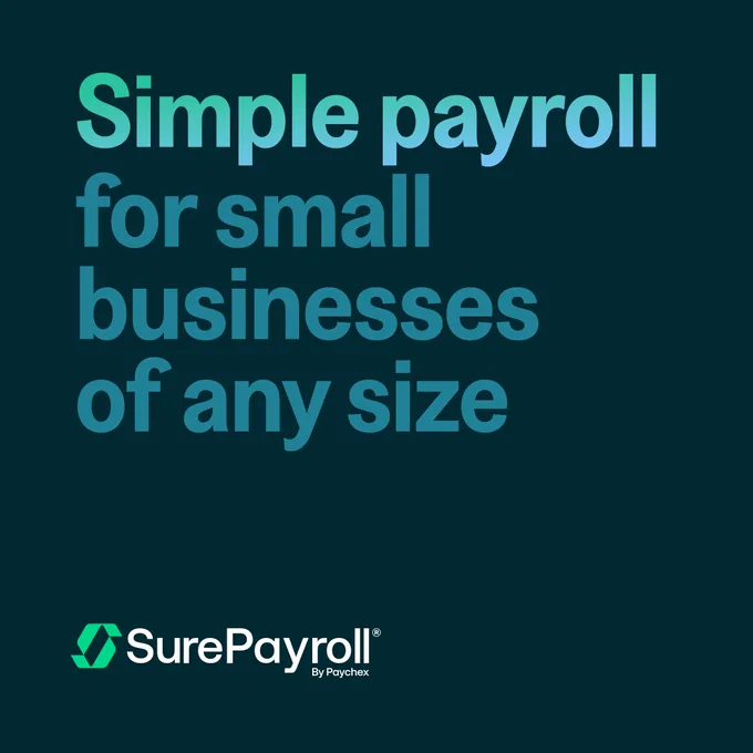 Simple payroll for small businesses of any size. Logo at the bottom reads: 'SurePayroll By Paychex.'