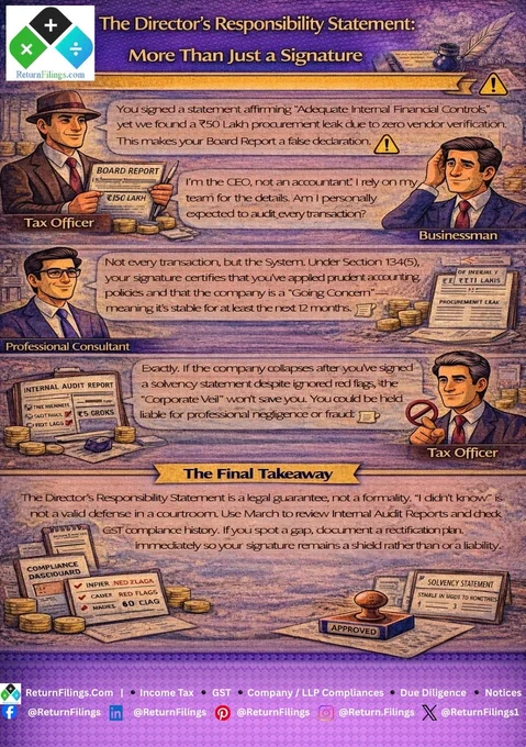 Image provided by ReturnFilings.Com it contains "I’m the CEO, not an accountant!" 🗣️
In a courtroom, that excuse won't protect your personal assets. ⚠️

When you sign the Director’s Responsibility Statement, you are legally guaranteeing that your company's internal controls are "adequate." 📉 If a massive leak or fraud is found later, you could be held liable for professional negligence. 🚫

Don't sign blindly! 🛡️ Use the March window to audit your compliance dashboards and internal systems. Ensure your "Statement of Solvency" is backed by data, not just hope. Protect your reputation and your estate! ✨

#ReturnFiling #Returnfilings #DirectorLiability #BoardReport #StartupCompliance #FinanceFacts #AuditReady #Section134