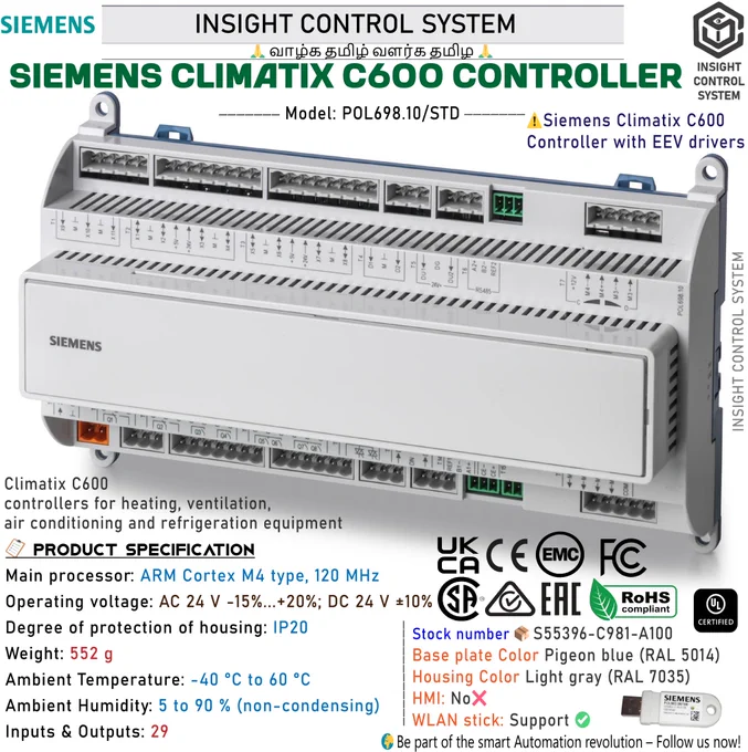 Siemens Climatix C600 controllers for heating, ventilation, air conditioning and refrigeration equipment.
💡 Highlight:
•	Freely programmable modular controllers
•	21, 27 and 29 physical inputs / outputs per controller
•	Integrated stepper motor outputs with failsafe behavior (UPS)
•	Integrated local or remote HMI
•	Standard USB service connection for tool access
•	Ethernet port for Modbus, BACnet, OPC UA, SNMP, servicing and Climatix IC
•	SD card interface for applications, firmware update, and archiving
•	Physical input/output extension using extension modules
•	RS-485 (galvanically separated) interface for Modbus and BACnet
•	RS-485 interface for Modbus
•	Process bus for networking of Siemens devices
•	Additional connectivity with BACnet IP, BACnet MS/TP, Modbus, M-bus and LON communication modules
•	BACnet profile (B-ASC) Application Specific Controller is supported

