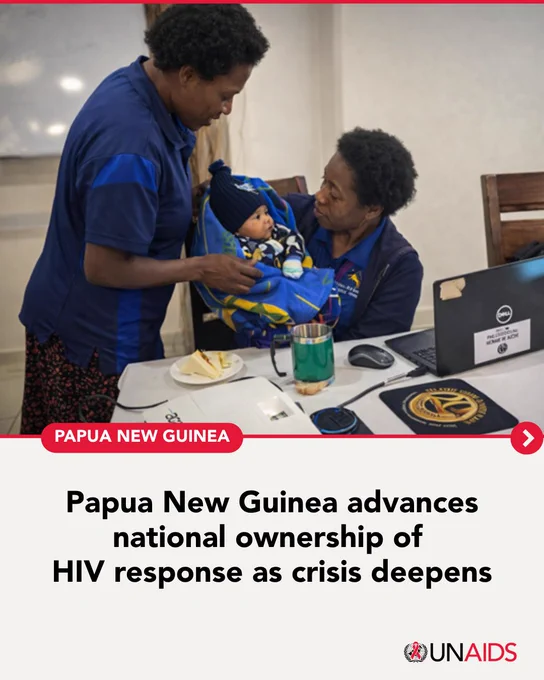 Image of an infant with health service providers in Port Moresby, Papua New Guinea. Title reads: Papua New Guinea advances national ownership of HIV response as crisis deepens