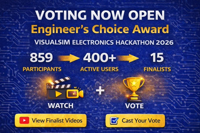 859 participants → 400  active users → 15 finalists


Vote now for the

Engineer’s Choice Award at the VisualSim Electronics Hackathon 2026.


🎬 Watch the Finalist Videos

👉 https://www.youtube.com/playlist?list=PLizKwf7N88av2rD0dQm0Sxi9nFWZ4DRck

🗳 Cast Your Vote

👉 https://forms.gle/XkFDJvrVZAdibDkb6

🏆 The Engineer’s Choice Award will be decided by the community.


These are not typical hackathon projects. Finalists worked on:

• System architecture modeling

• Protocol validation (UCIe, CXL, PCIe, TSN…)

• Bottleneck detection & debugging

• Data visualization & analysis


Your vote matters.

This is where engineering is heading, from components to complete systems.


Follow Mirabilis Design- https://www.linkedin.com/company/1172959 for final results and more insights on system-level design.


#VisualSim #SystemArchitecture #ElectronicsEngineering #Semiconductors #Hackathon #EngineeringStudents



