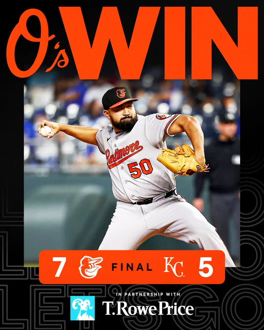 O’s WIN!

Orioles - 7
Royals - 5

The graphic features an image of Garcia pitching in Kansas City. He is wearing a grey Orioles uniform.