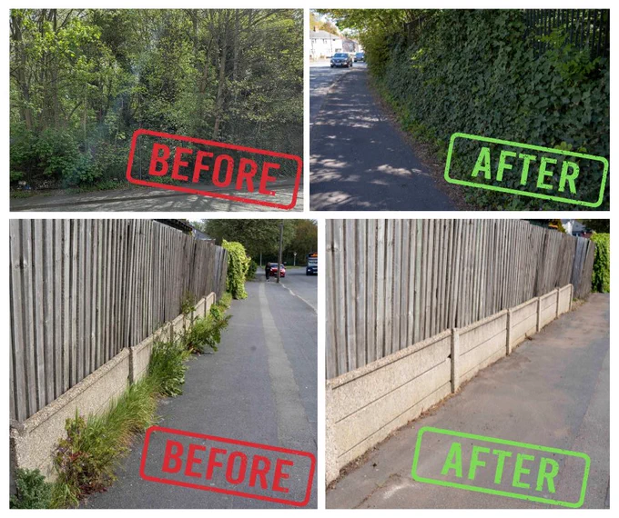 A grid of four images capturing outdoor, daytime street scenes. The two images on the top row are of the same location. The image on the left shows overgrown bushes and shrubs overhanging a pavement. The image on the right shows a tidier, cut back hedge. The image on the left has the word ‘before’ stamped over it in red text and the one on the right has ‘after’ stamped over it in green text. The two images on the bottom row are of a pavement with a fence. Lots of weeds and overgrown shrubs are along the fence. The image on the right shows all the weeds and shrubs removed and a clear pavement. The image on the left has the word ‘before’ stamped over it in red text and the one on the right has ‘after’ stamped over it in green text.