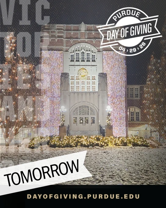 Purdue Memorial Union decorated with holiday lights and snow, promoting Purdue Day of Giving on April 29, 2026.