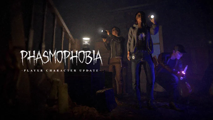 Key art for Phasmophobia's Player Character Update, depicting three characters stood in a doorway.