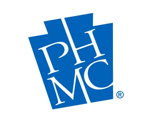 Pennsylvania Historical Museum Commission logo with the letters "P" "H" "M" and "C" in a blue keystone shape. 