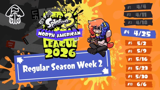 Article header with the Splatoon 3 North American League 2026 logo in the center, with text reading, "Regular Season Week 2". A list of dates on the right marks every Saturday between April 4 and June 6, 2026.