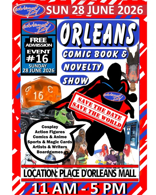 Entertainment Ink! is organizing an Orleans Comic Book & Novelty Show event at the Place D'Orleans Mall on Sunday, 28 June 2026 from 11AM to 5PM
We will have local comic vendors, novelty/toy vendors, craft vendors as well as artists/writers in attendance.
People are encouraged to dress up and Cosplay. Details to come.
If anyone wishes to volunteer or has any ideas to help make (Orleans Comic Book & Novelty Show presented by Entertainment Ink! ) an awesome experience please feel free to contact us. 

https://www.facebook.com/share/1JPkzMiNWS/
