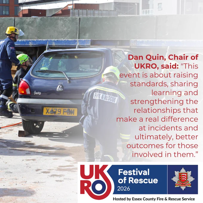A road traffic collision image with a quote from Dan Quin, Chair of UKRO, "This event is about raising standards, sharing learning and strengthening the relationships that make a real difference at incidents and ultimately, better outcomes for those involved in them." with the UKRO logo and Essex logo