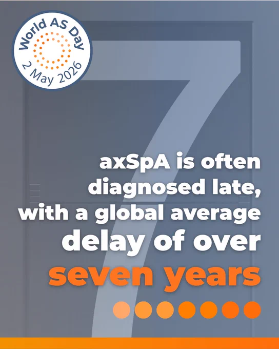 Awareness graphic highlighting delayed diagnosis in axSpA, featuring a large number 7 and messaging about a global average delay of more than seven years, alongside the World AS Day 2026 logo.