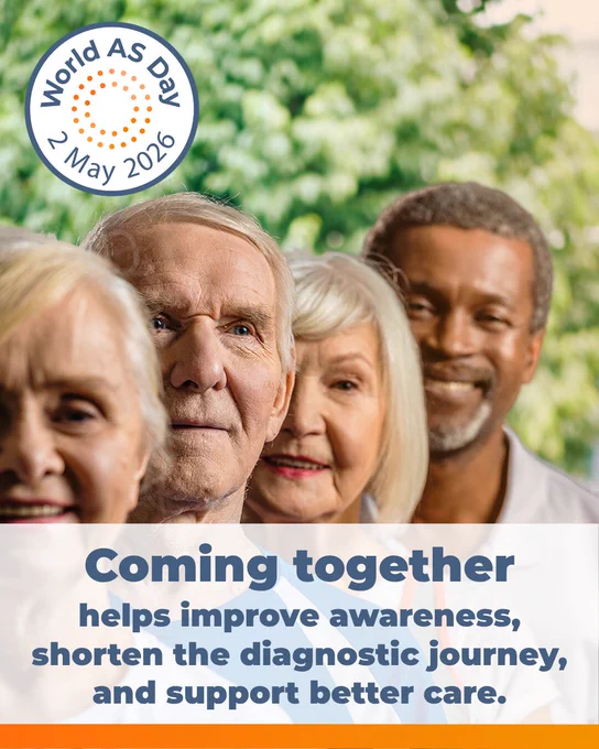 Promotional image showing a diverse group of older adults in a line, with messaging about raising awareness and improving diagnosis and care for axSpA, alongside the World AS Day logo.