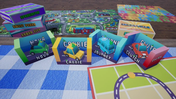 Cabbie! video game characters depicted as toys with the game worlds as board games that are waiting to be unboxed.