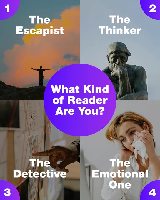 Collage of four reader types: The Escapist, The Thinker, The Detective, and The Emotional One.