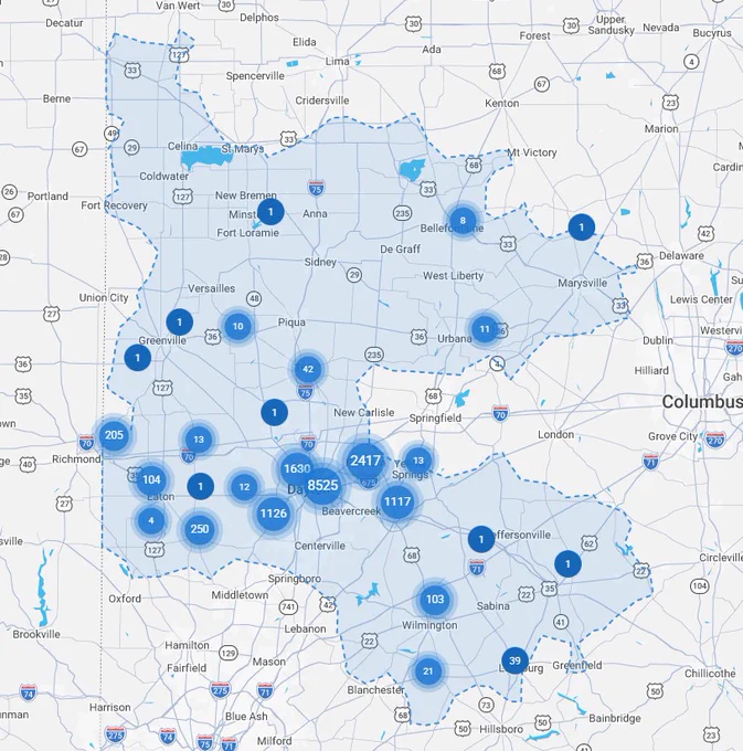 map highlighting AES Ohio service territory indicating current power outages.