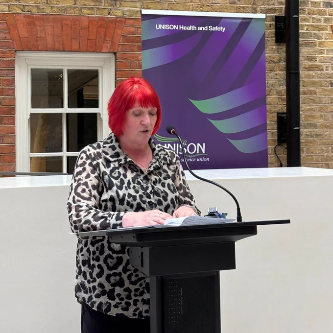 General secretary Andrea Egan speaking at UNISON event in London, and online for International Workers' Memorial Day