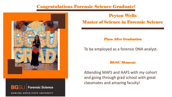 Peyton with grad cap with balloons and "BGSU GRAD" in background. Moment from BGSU is attending MAFS and AAFS with cohort. 