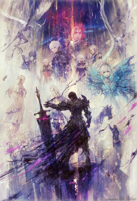A Final Fantasy 14 illustration themed after Shadowbringers. The Warrior of Darkness stands with his back facing the audience, his left arm outstretched towards his greatsword. Multiple major characters from Shadowbringers and sin eaters are seen in the background.