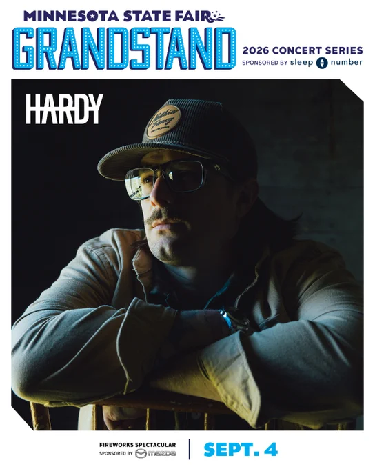 Poster for the Minnesota State Fair Grandstand 2026 Concert Series featuring Hardy. The date "Sept. 4" is at the bottom. Sponsored by Sleep Number, and Mazda.