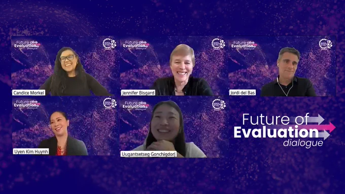 The panel at the 9th Future of Evaluation dialouge. Candice Morkel, Jennifer Bisgard, Jordi del Bas, Uyen Kim Huynh, Uugantsetseg Gonchigdorj.