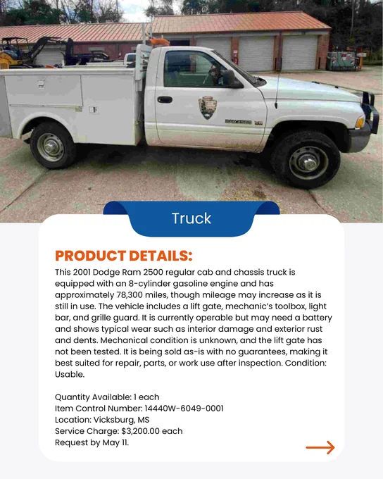 Graphic contains image of white single cab pickup truck. The bed serves as a utility bed with exterior cabinets and additional storage for tools and supplies. The graphic also contains written information about the item including the price of $3,200.00 and the items location which is Vicksburg, MS