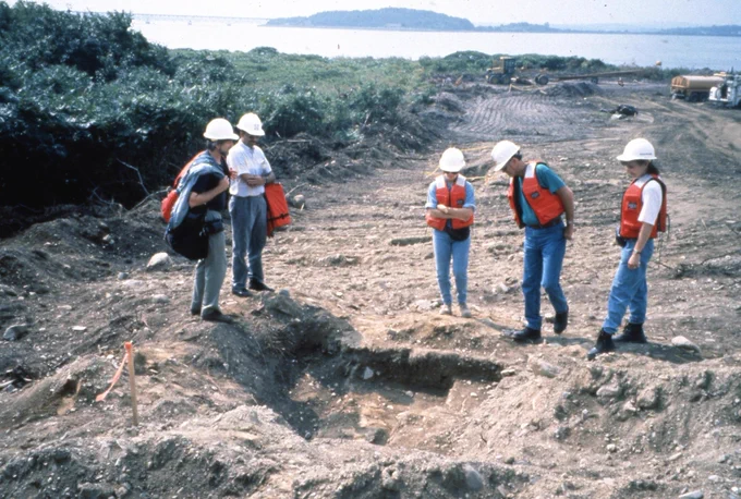 Five people with orange vests and hard hats look into a hole dug into the dirt